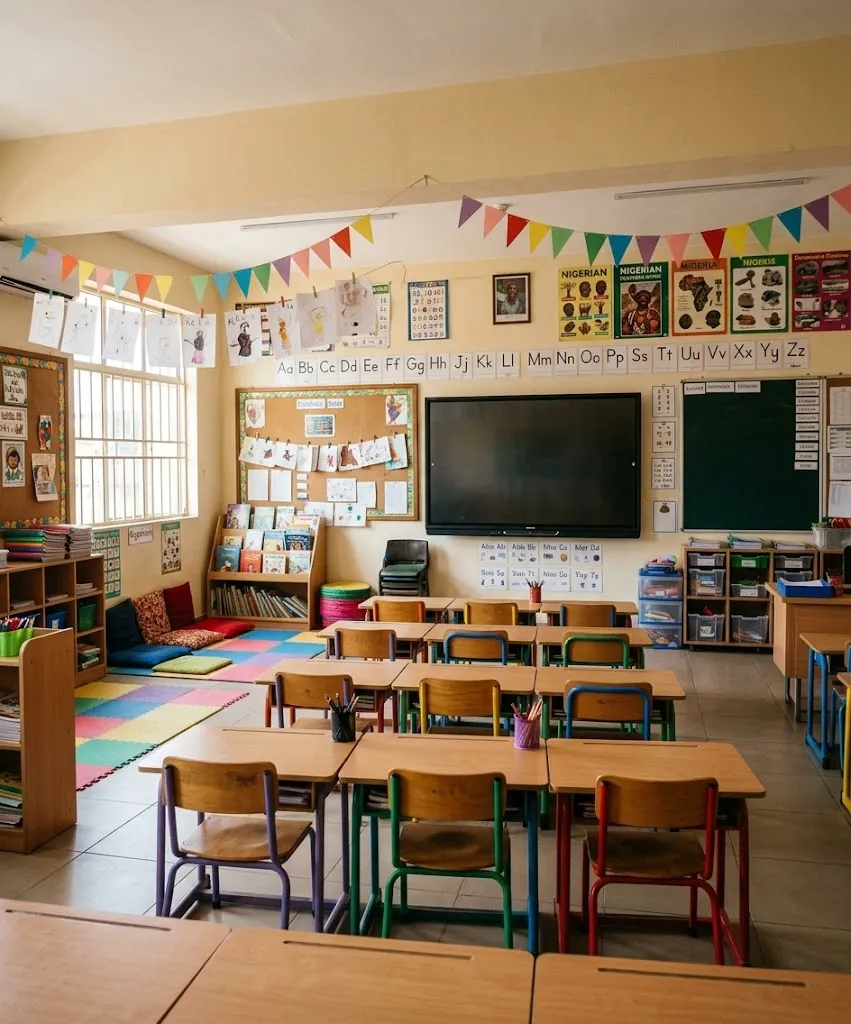 Colourful, decorated classroom at Thesaurus Schools Enugu