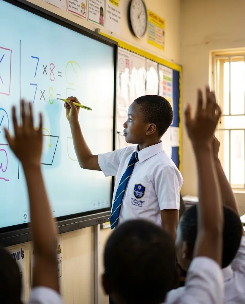 Pupil solving maths on an interactive smart board