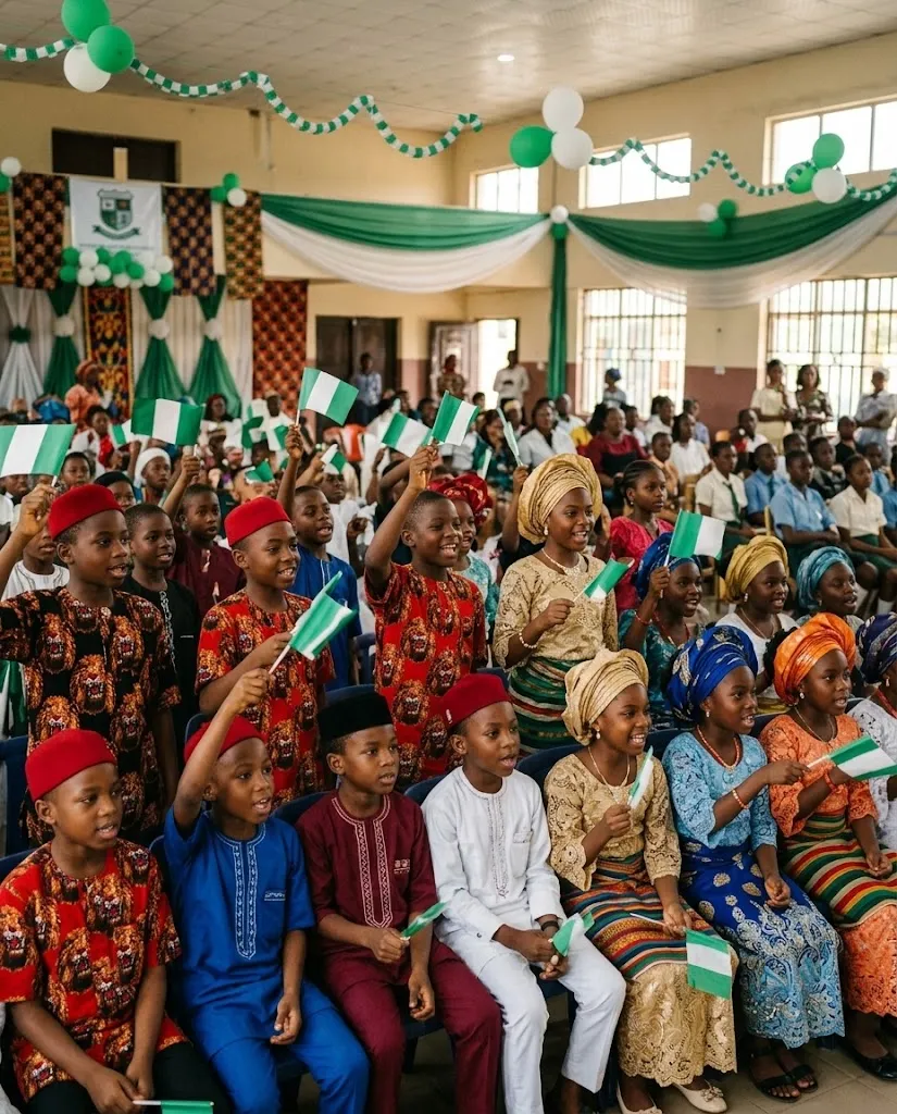 Pupils in Nigerian cultural attire celebrating Independence Day