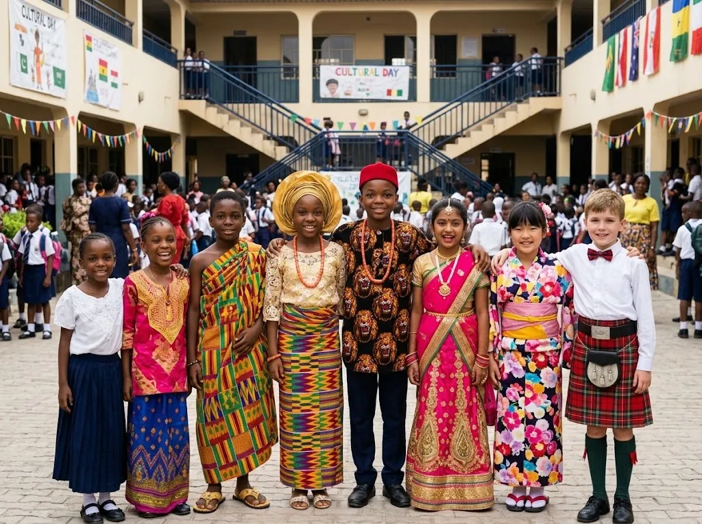 Pupils dressed in cultural outfits from around the world on Multicultural Day