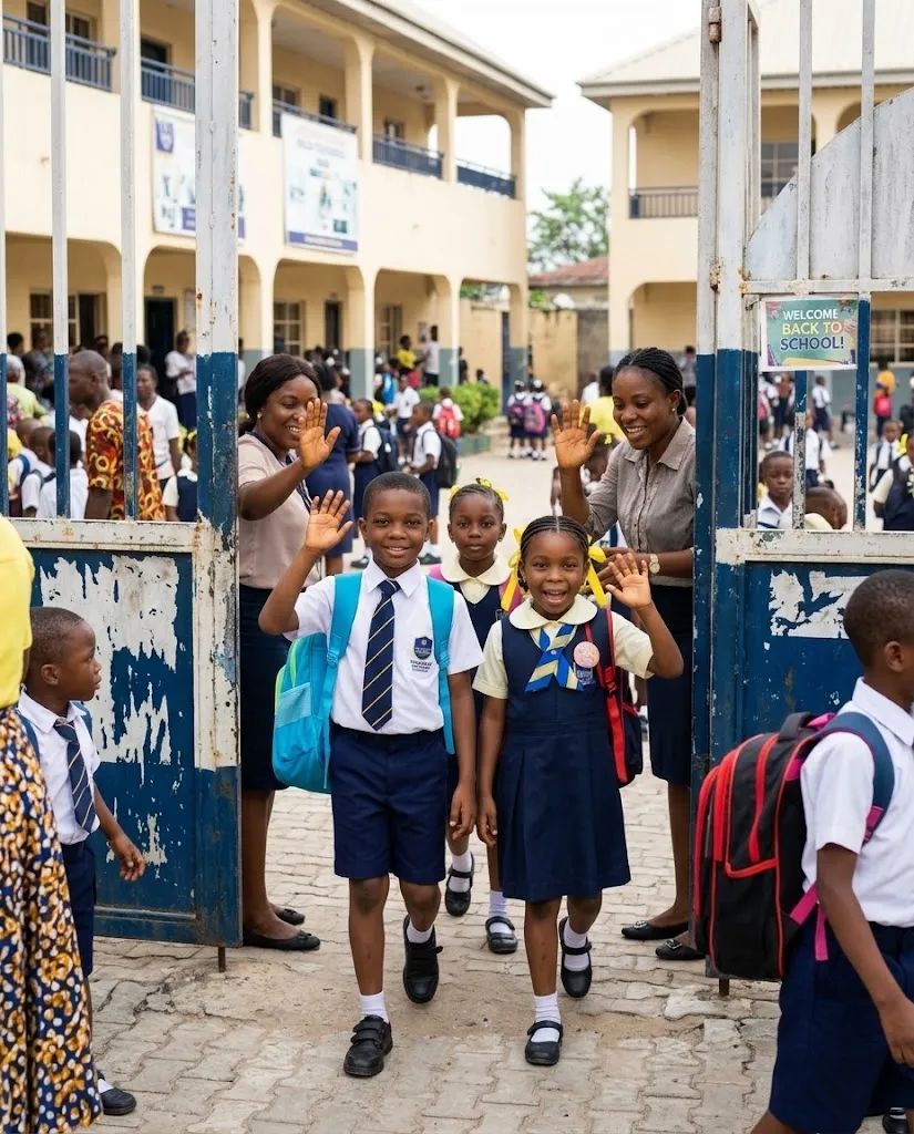 Smiling pupils returning to school on resumption day