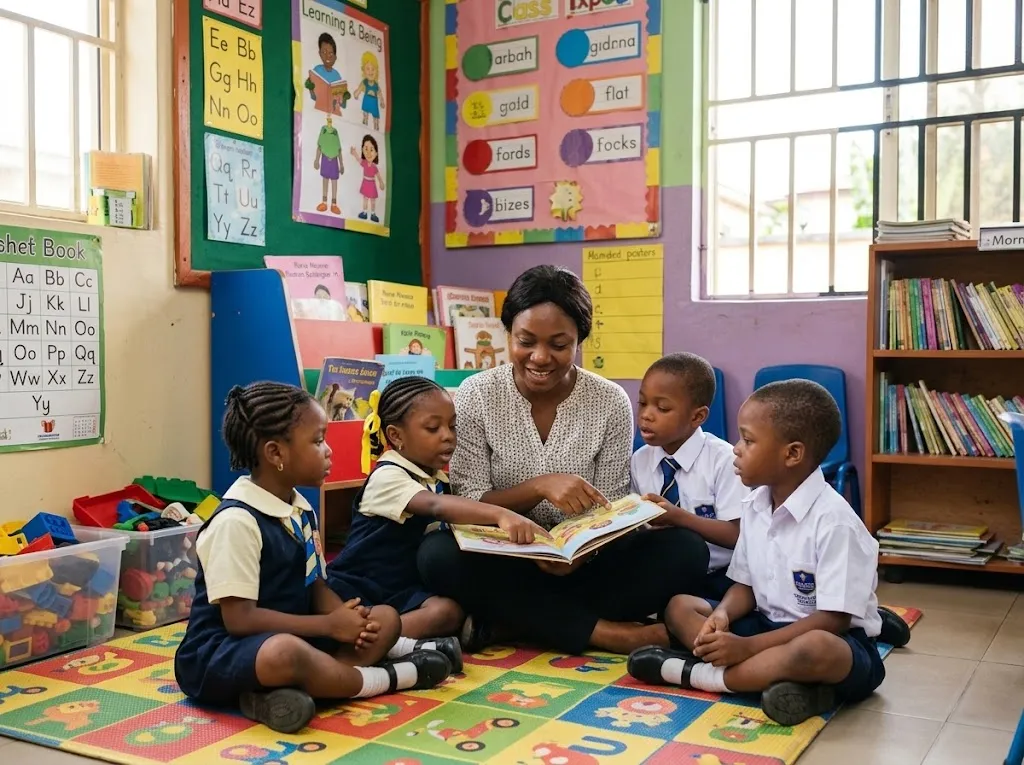 Nursery pupils learning in a colourful classroom at Thesaurus Schools Enugu