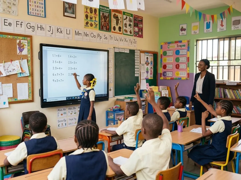Primary pupils solving maths on an interactive smart board